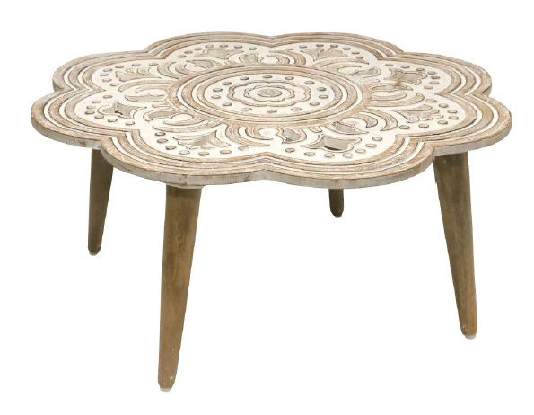 Coffee Table Manus Carved Wood White Wash W900 x D900 x H400mm