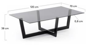 Coffee Table Plam Black Frame Glass Top Rectangle 1200L x 700W x 380mm H